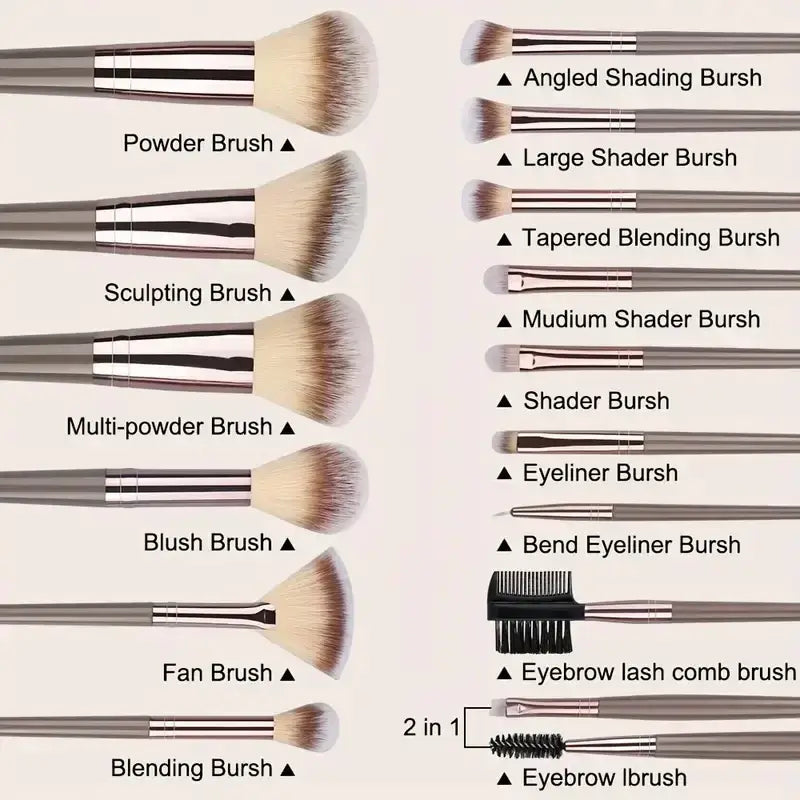 Set of makeup brushes with silver metallic handles and soft natural synthetic bristles for professional beauty use