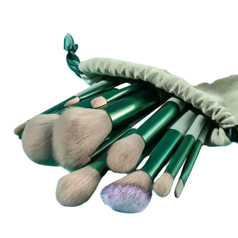 Set of 13 green-handled synthetic fiber makeup brushes with natural and purple bristles in beige storage pouch
