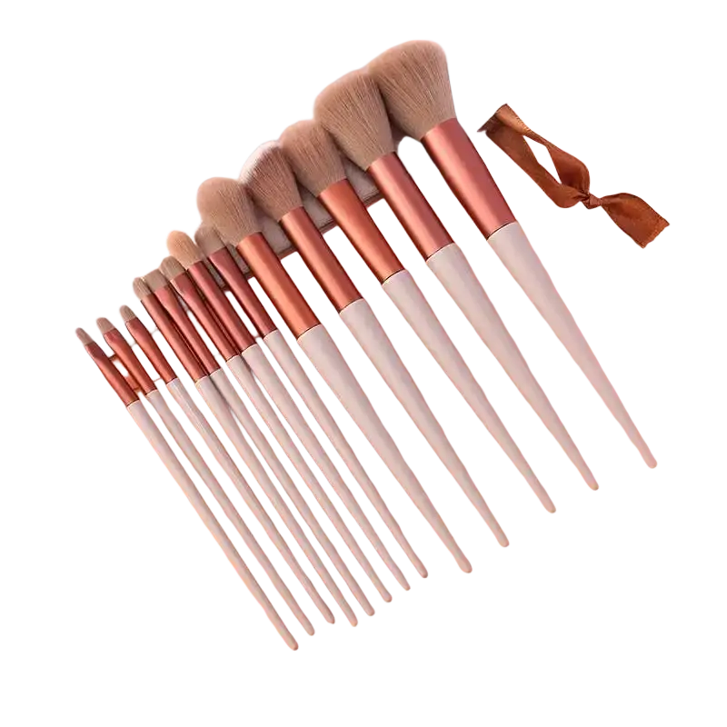 Set of 15 rose gold and white makeup brushes with soft synthetic fiber bristles and storage pouch included