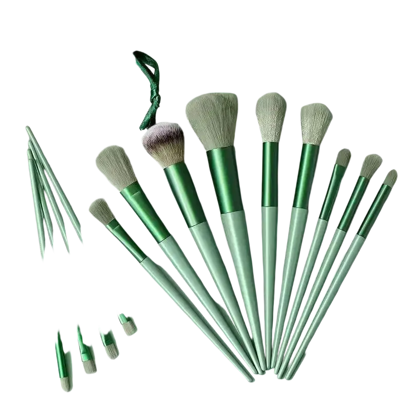 Set of 15 makeup brushes with synthetic fiber bristles and green silver handles including storage pouch