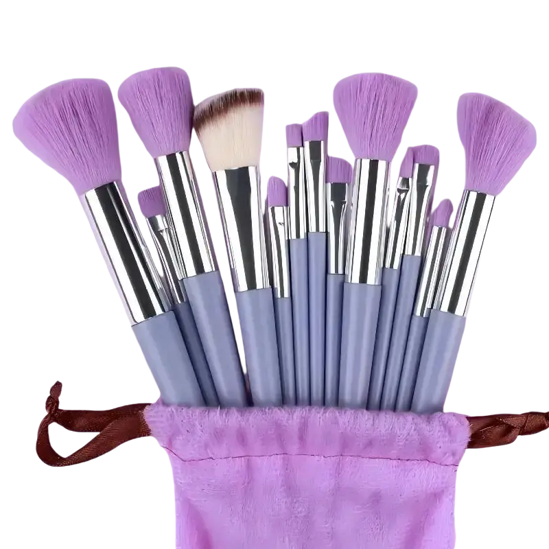 A set of 15 lavender and silver synthetic fiber makeup brushes with soft bristles in a matching plush storage pouch