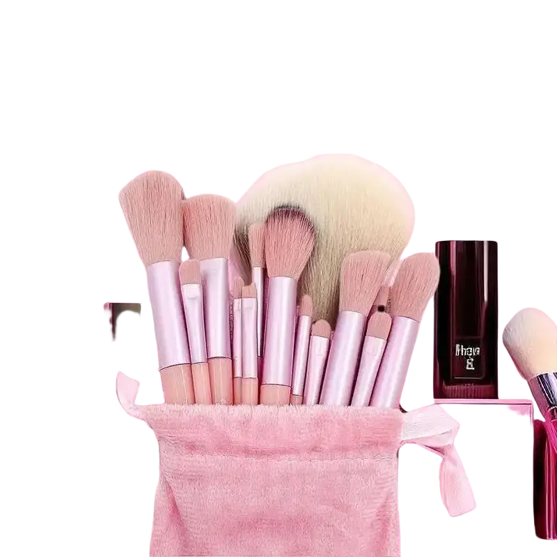 Pink velvet makeup brush set with synthetic fiber bristles rose gold handles and storage pouch for easy organization