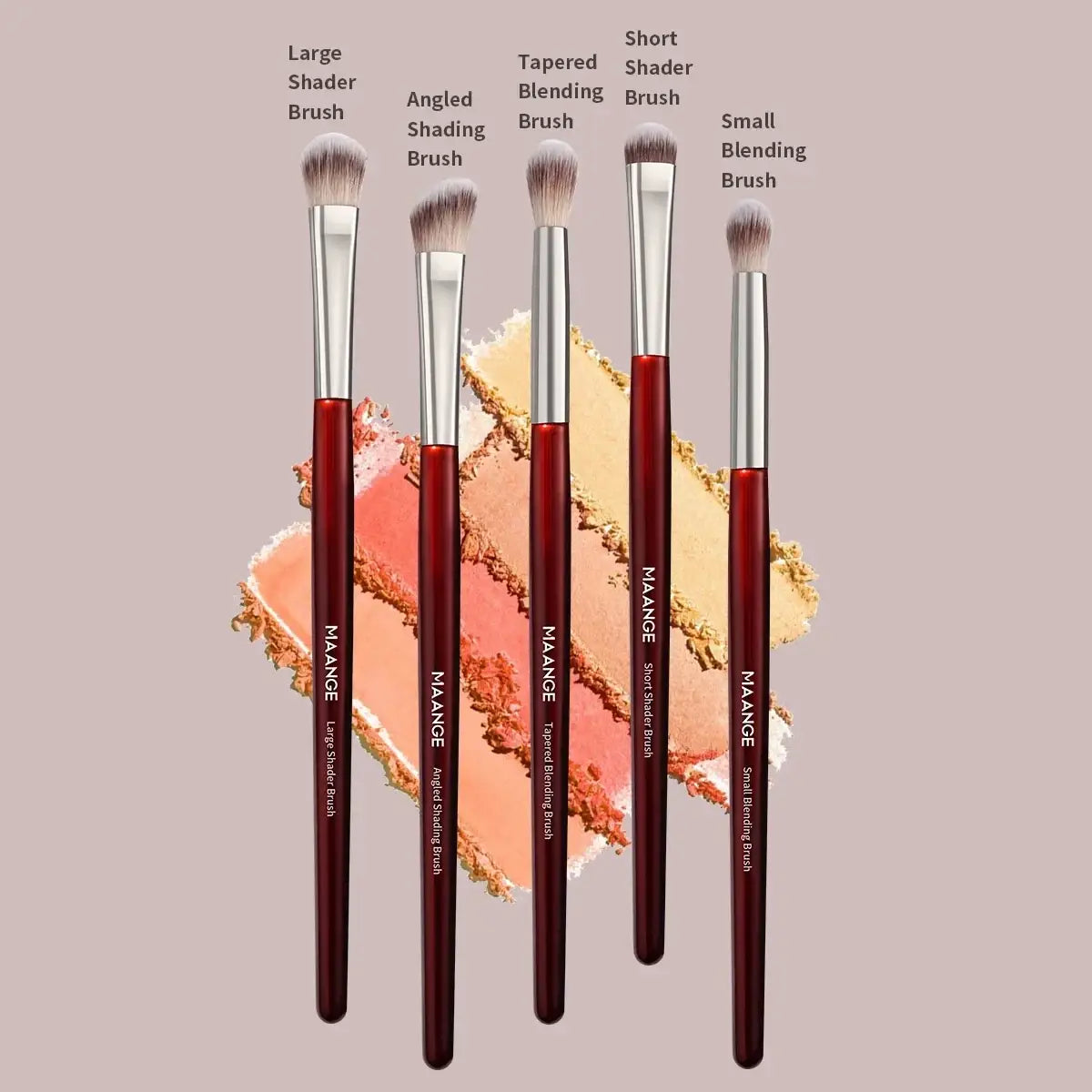 Set of five makeup brushes with synthetic hair, burgundy handles, and silver ferrules for precise blending tasks