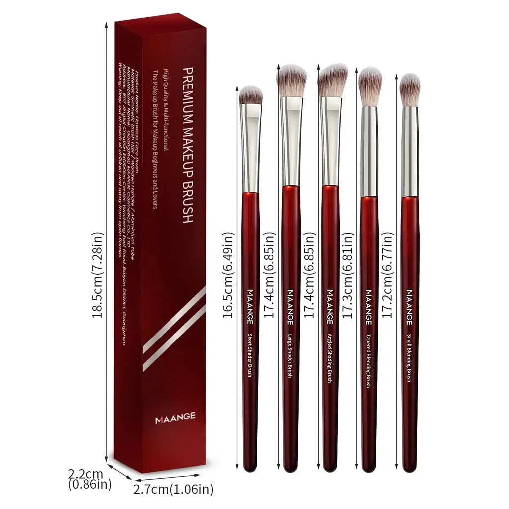 Set of five premium makeup brushes with red handles and synthetic hair for versatile application in a makeup brush set
