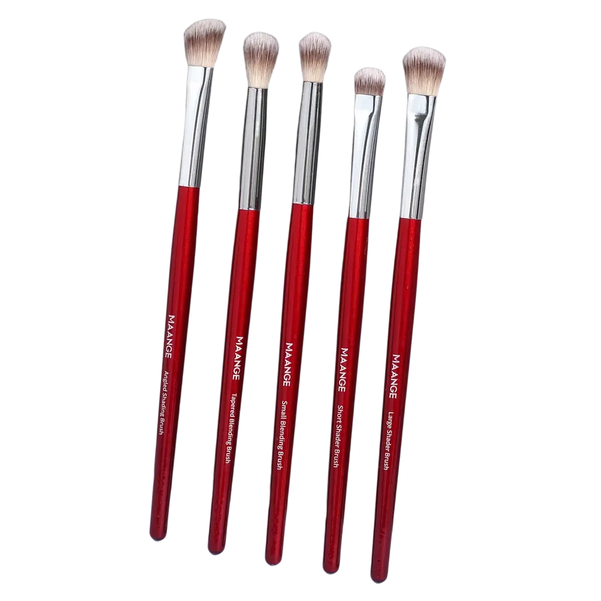 Set of five red-handled synthetic hair makeup brushes with silver ferrules featuring soft tapered bristles