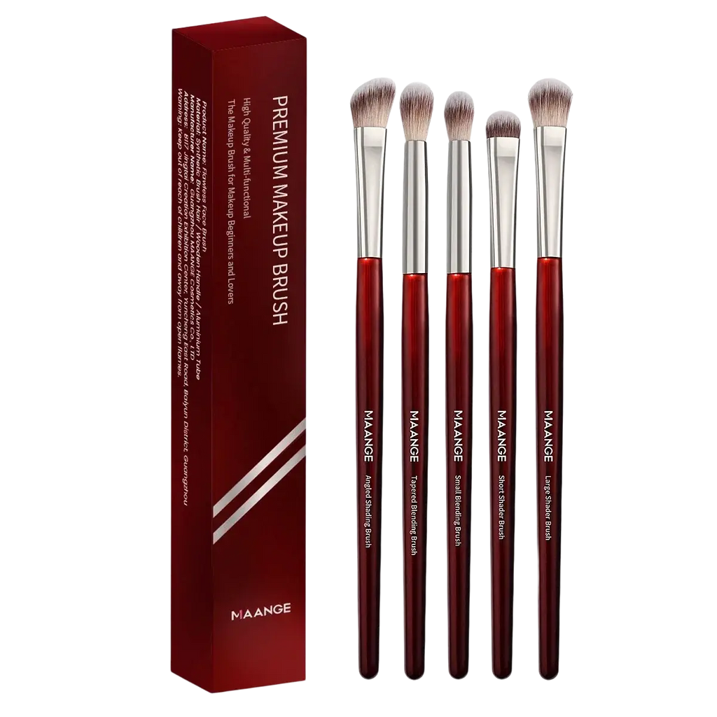 Set of five red-handled synthetic hair makeup brushes with silver tips in a matching maroon makeup brush set box