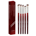Set of five red-handled synthetic hair makeup brushes with silver tips in a matching maroon makeup brush set box