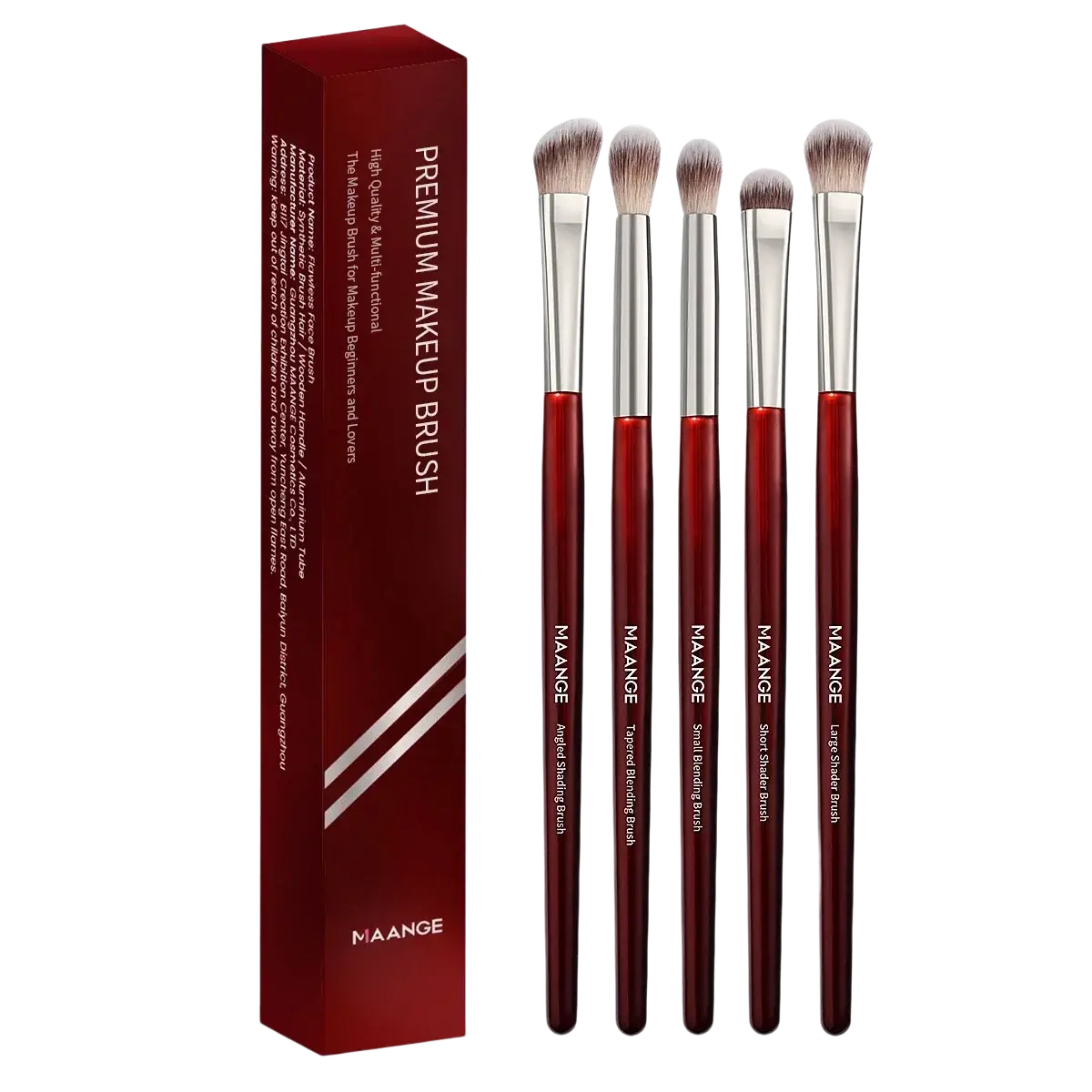 Set of five red-handled synthetic hair makeup brushes with silver tips in a matching maroon makeup brush set box
