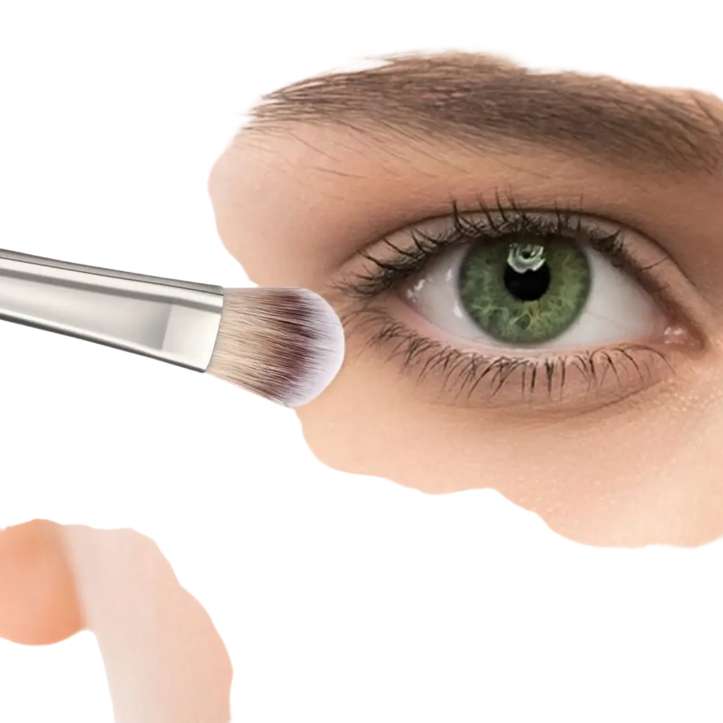 Silver-tipped synthetic hair makeup brush with soft densely packed bristles for precise eye shadow application in set