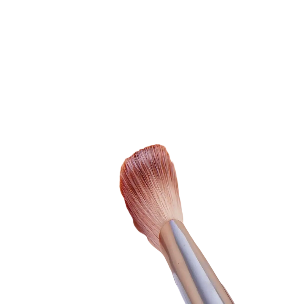 A sleek metallic makeup brush with synthetic hair bristles applying warm-toned powder from a 5-piece makeup brush set