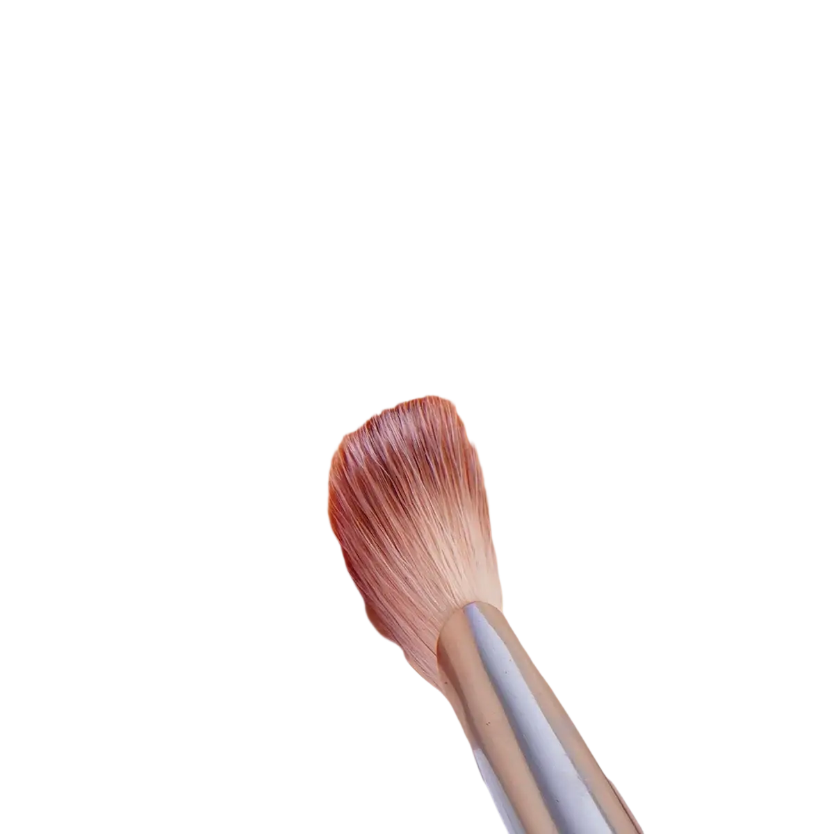 A sleek metallic makeup brush with synthetic hair bristles applying warm-toned powder from a 5-piece makeup brush set