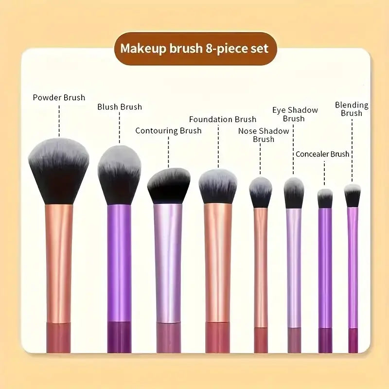 Eight-piece synthetic hair makeup brush set with gradient purple and rose gold handles and soft bristles for cosmetics