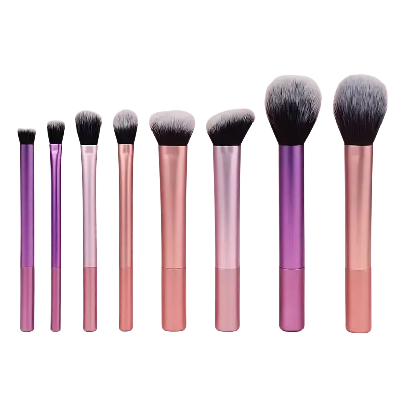 Set of eight synthetic hair makeup brushes with gradient purple and rose gold handles and soft dense bristles