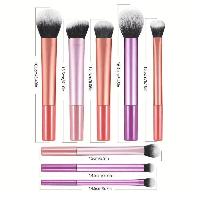 Set of five rose gold and purple synthetic hair makeup brushes with black-tipped bristles for precise application