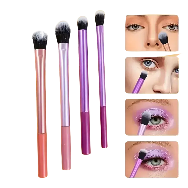 Set of four sleek gradient-colored makeup brushes with metallic handles and soft synthetic hair bristles