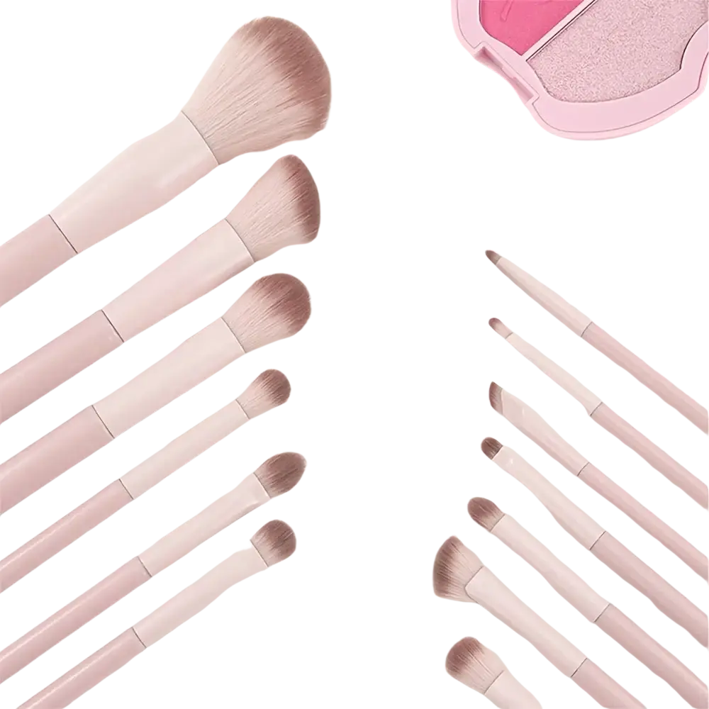 Set of pink-handled wool fiber makeup brushes with soft fluffy bristles in a beginner makeup brush set arranged neatly