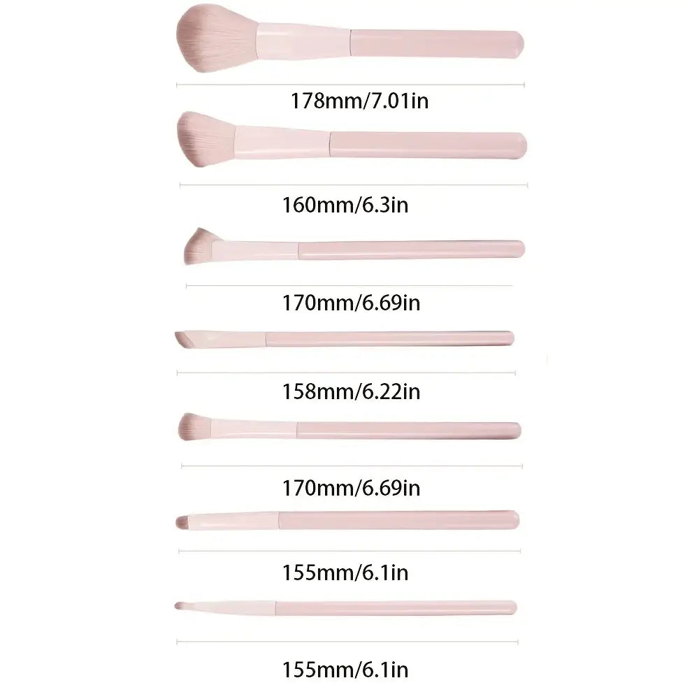 Set of seven blush and contour makeup brushes with soft pink handles made of wool fiber for beginner makeup brush set