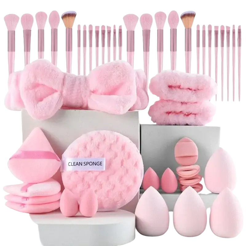 Makeup brush and sponge set 46 piece pink with rose gold handles and fluffy pink accessories for makeup application