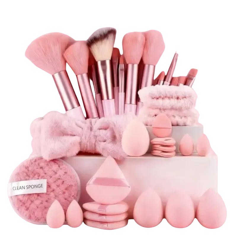 Pink makeup brush set with rose gold ferrules and soft pink bristles for makeup and eye makeup application