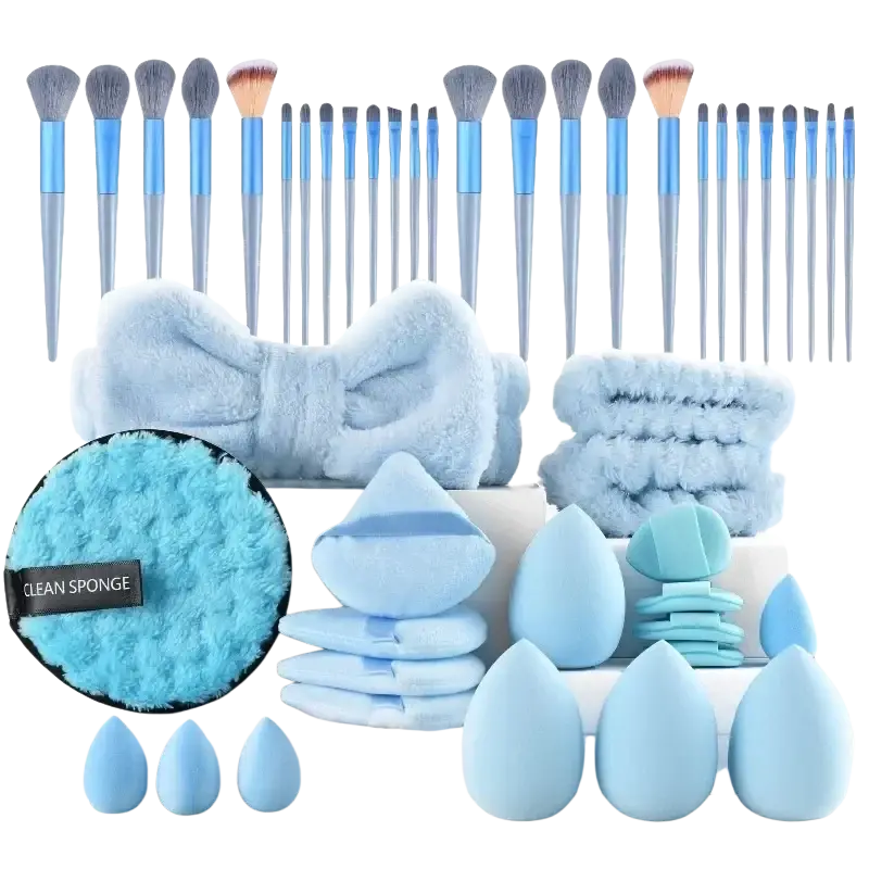 A 46 piece makeup brush and sponge set with light blue brushes, silver handles, and fluffy accessories for eye makeup application