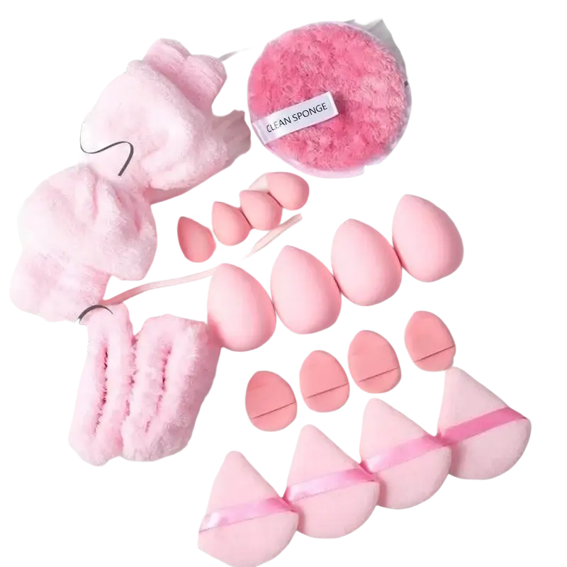 Pink silicone makeup sponges with soft rounded oval shape and decorative ribbons for makeup application and eye makeup application
