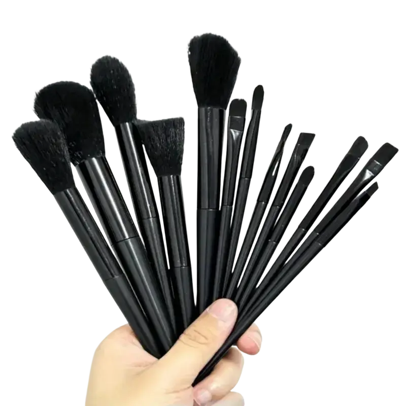 Black makeup brushes set with 13 pieces featuring soft bristles and sleek handles for droplet shaped beauty eggs use