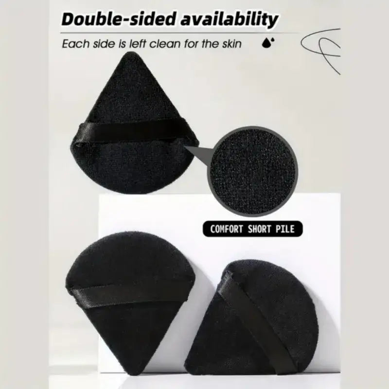 Black cone-shaped beauty sponge with short pile texture and satin strap in 19pcs makeup brushes and beauty sponges set