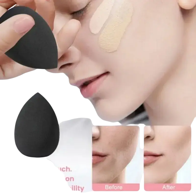Black teardrop shaped beauty sponge from a makeup brushes and beauty sponges set for smooth makeup application