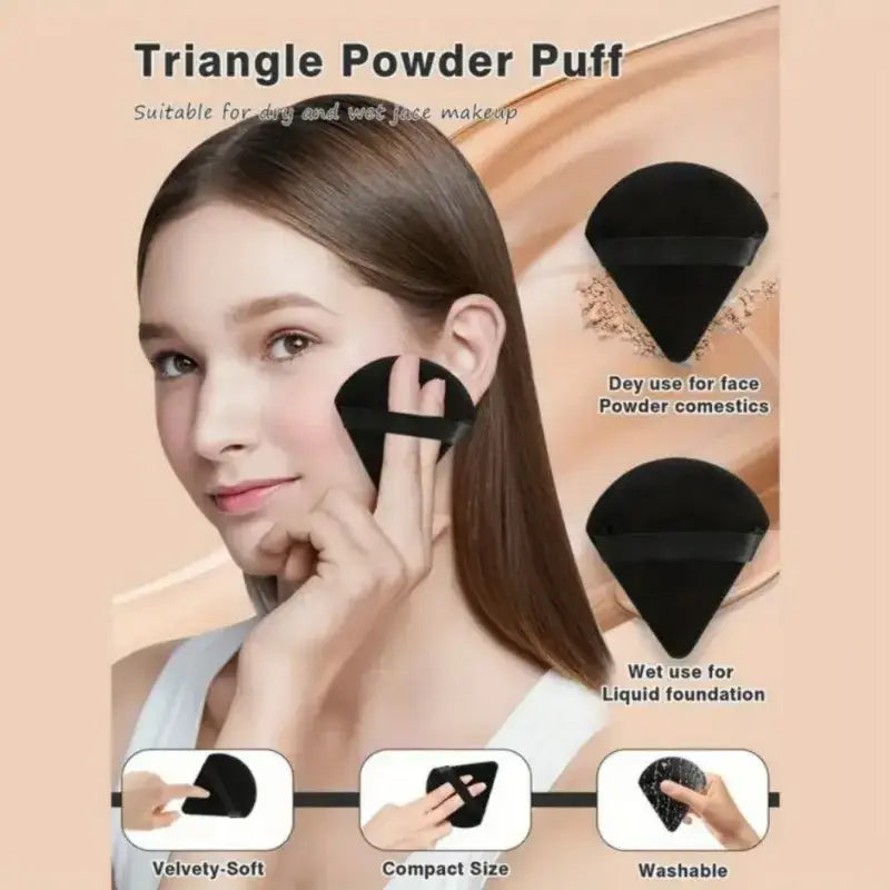 Black triangle powder puff with velvety-soft texture for dry and wet makeup in makeup brushes and beauty sponges set