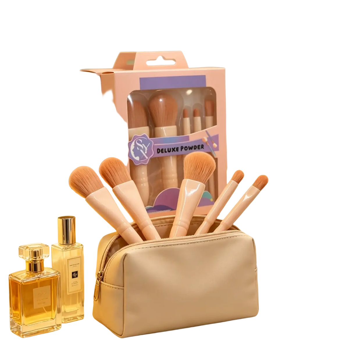 Beige leather makeup brush case holding a complete set of six blush and powder brushes with matching handles from mainland china