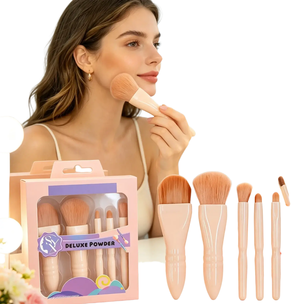A complete set of five blush and powder makeup brushes with soft peach ergonomic handles made in mainland china