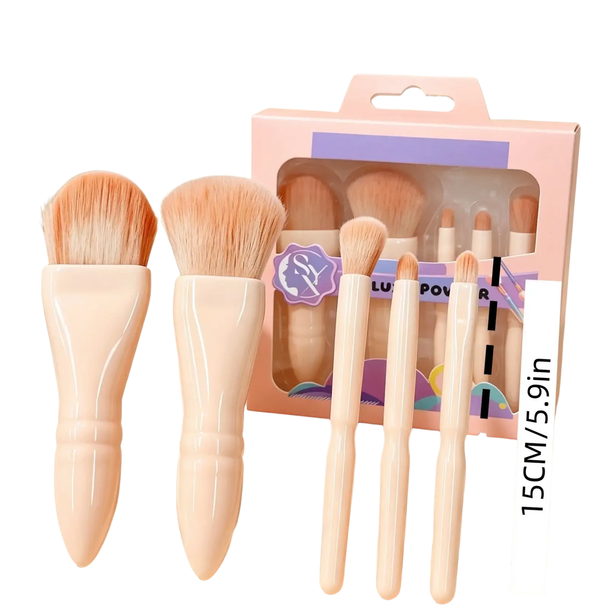 Complete set of five makeup brushes with peach handles and soft tapered bristles made in mainland china