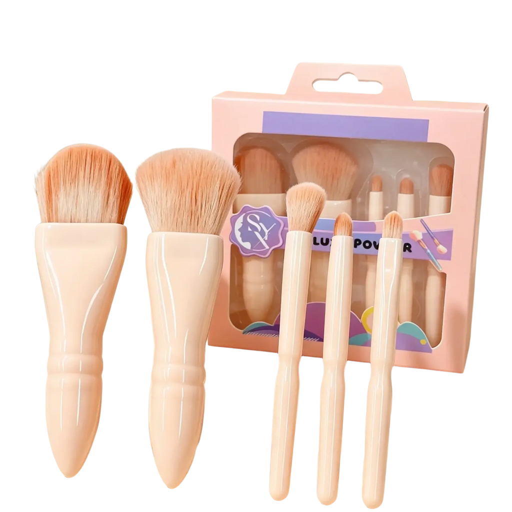 Complete set of five blush and eyeshadow brushes with peach metal handles and soft bristles in pastel pink packaging made in mainland china