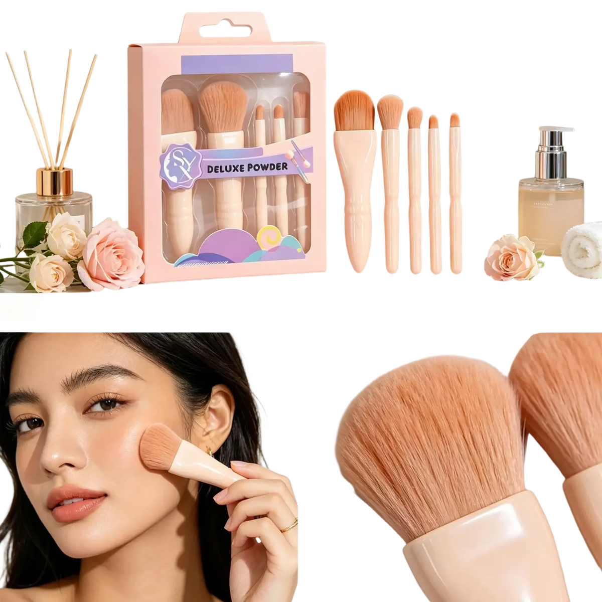 Pastel pink and beige deluxe makeup brushes complete set of 5 in matching box made in mainland china