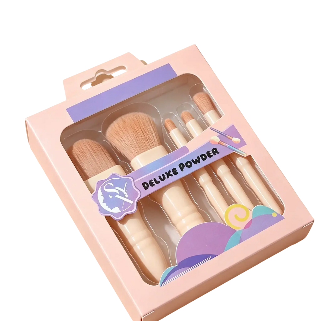 Deluxe powder brush complete set of 5 with pastel pink and lavender metal handles made in mainland china