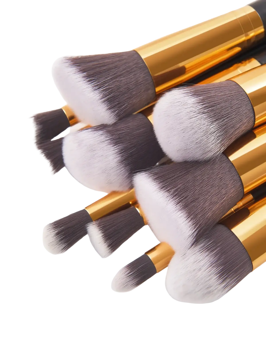 Set of 10 professional makeup brushes with gold handles and gradient gray to white bristles for beauty cosmetics tools