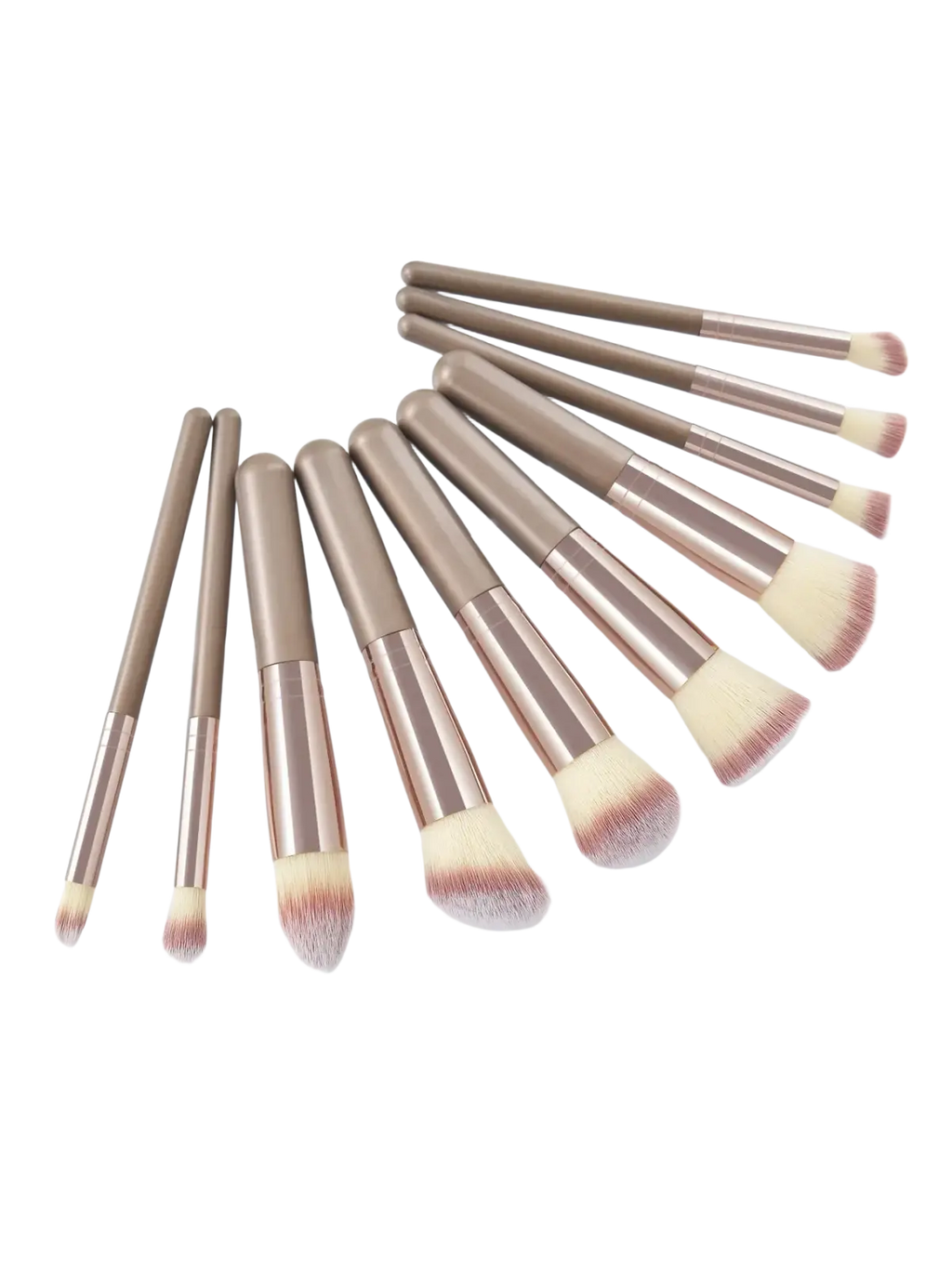 Set of ten professional makeup brushes with taupe and rose gold handles featuring soft white bristles tipped in pink
