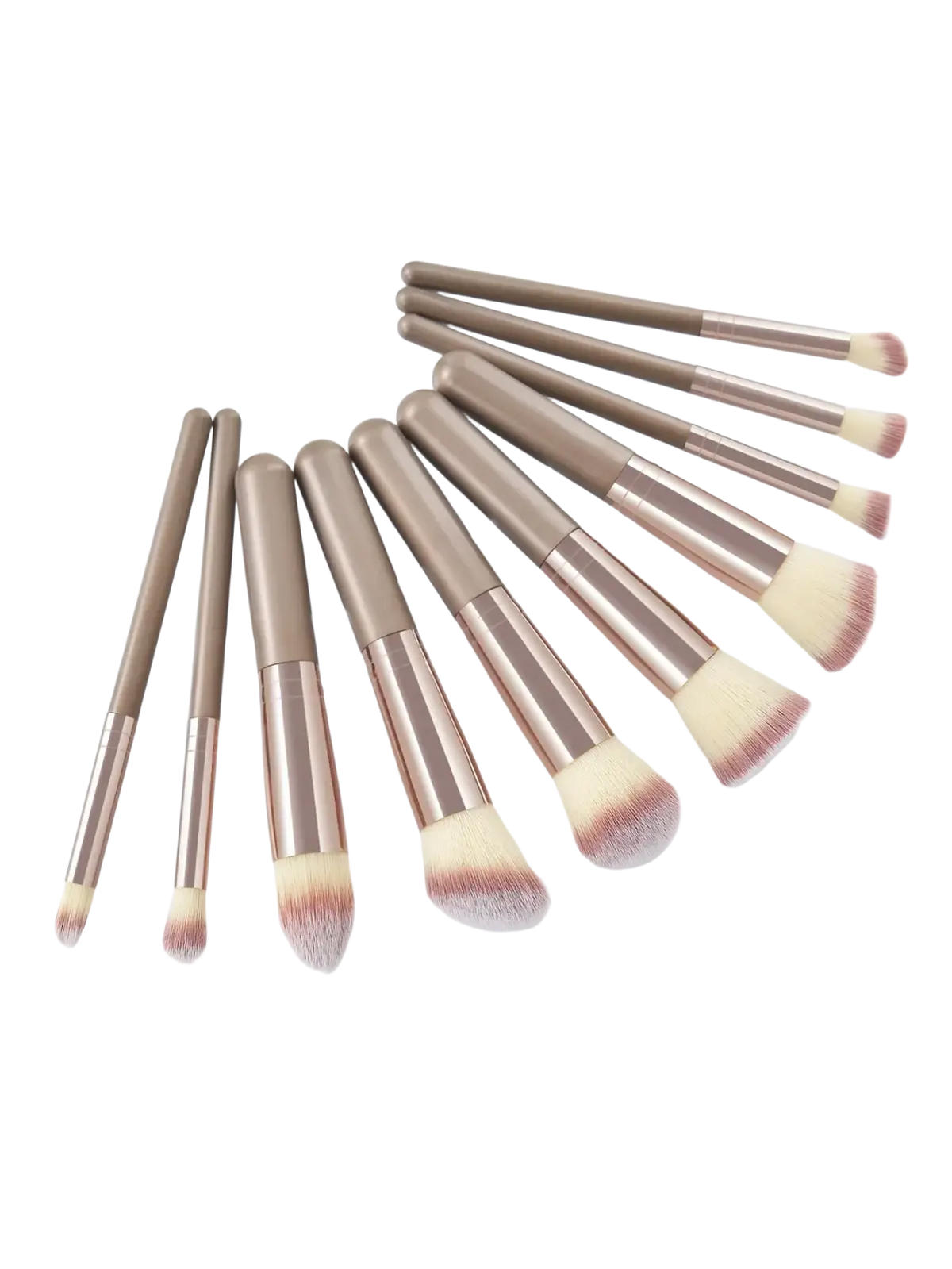 Set of ten professional makeup brushes with taupe and rose gold handles featuring soft white bristles tipped in pink