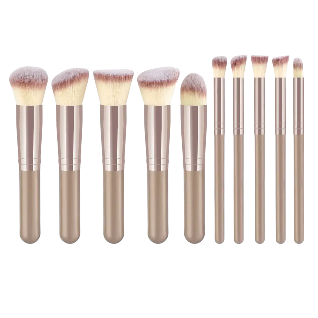 Makeup brushes set 10 pcs with rose gold metallic handles and soft beige tapered bristles for professional beauty cosmetics tools