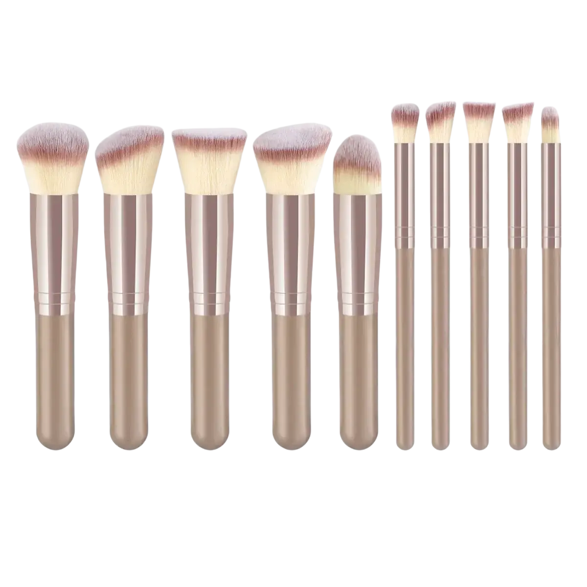 Makeup brushes set 10 pcs with rose gold metallic handles and soft beige tapered bristles for professional beauty cosmetics tools