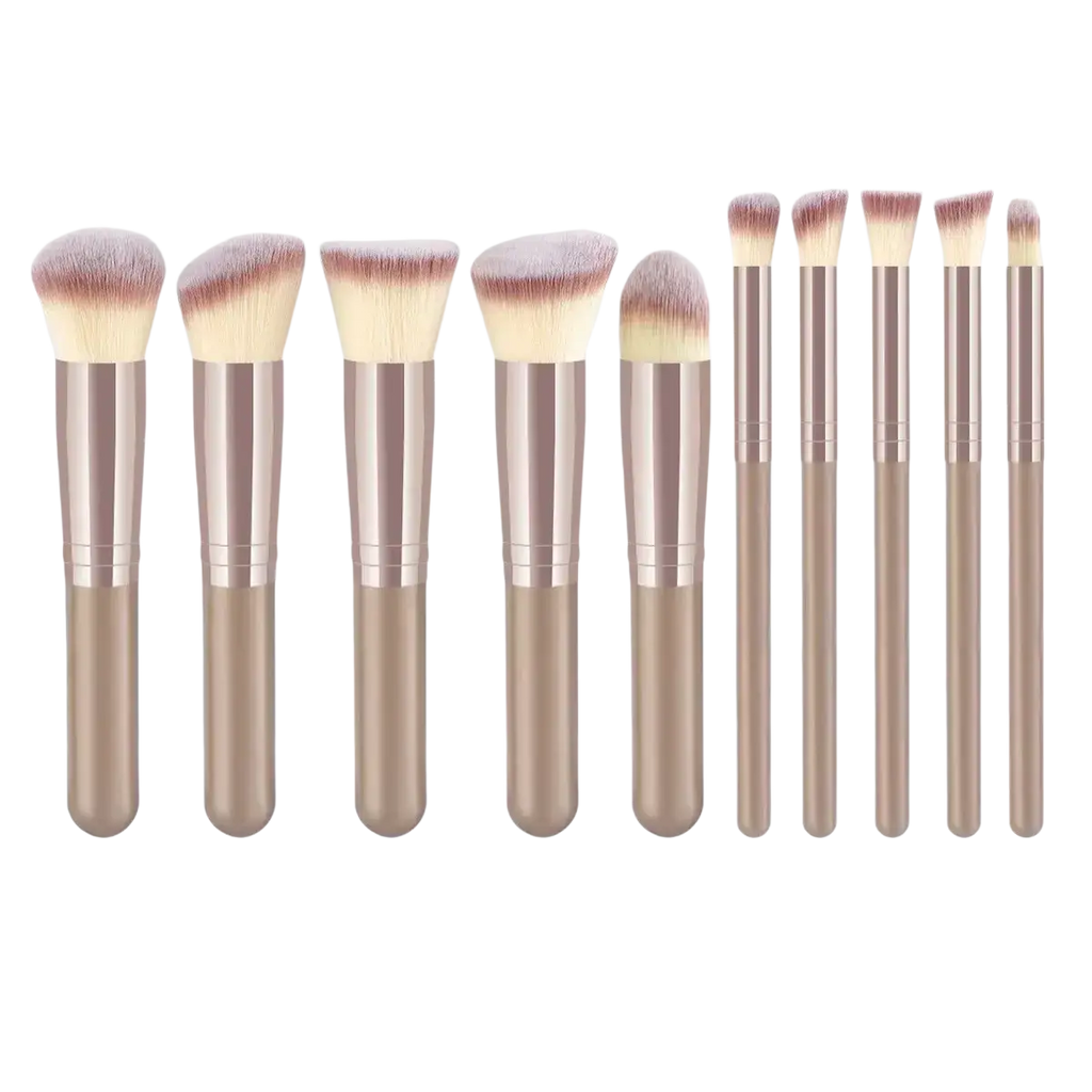 Set of ten professional makeup brushes with rose gold metallic handles and soft tapered bristles beauty cosmetics tools