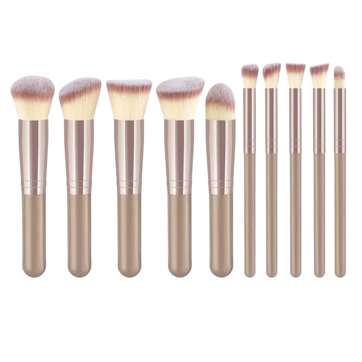 Set of ten professional makeup brushes with rose gold metallic handles and soft tapered bristles beauty cosmetics tools