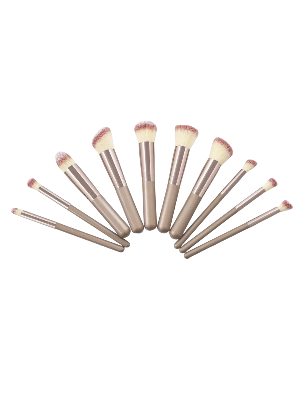 Set of ten professional makeup brushes with metallic rose gold handles and soft tapered bristles for beauty cosmetics tools