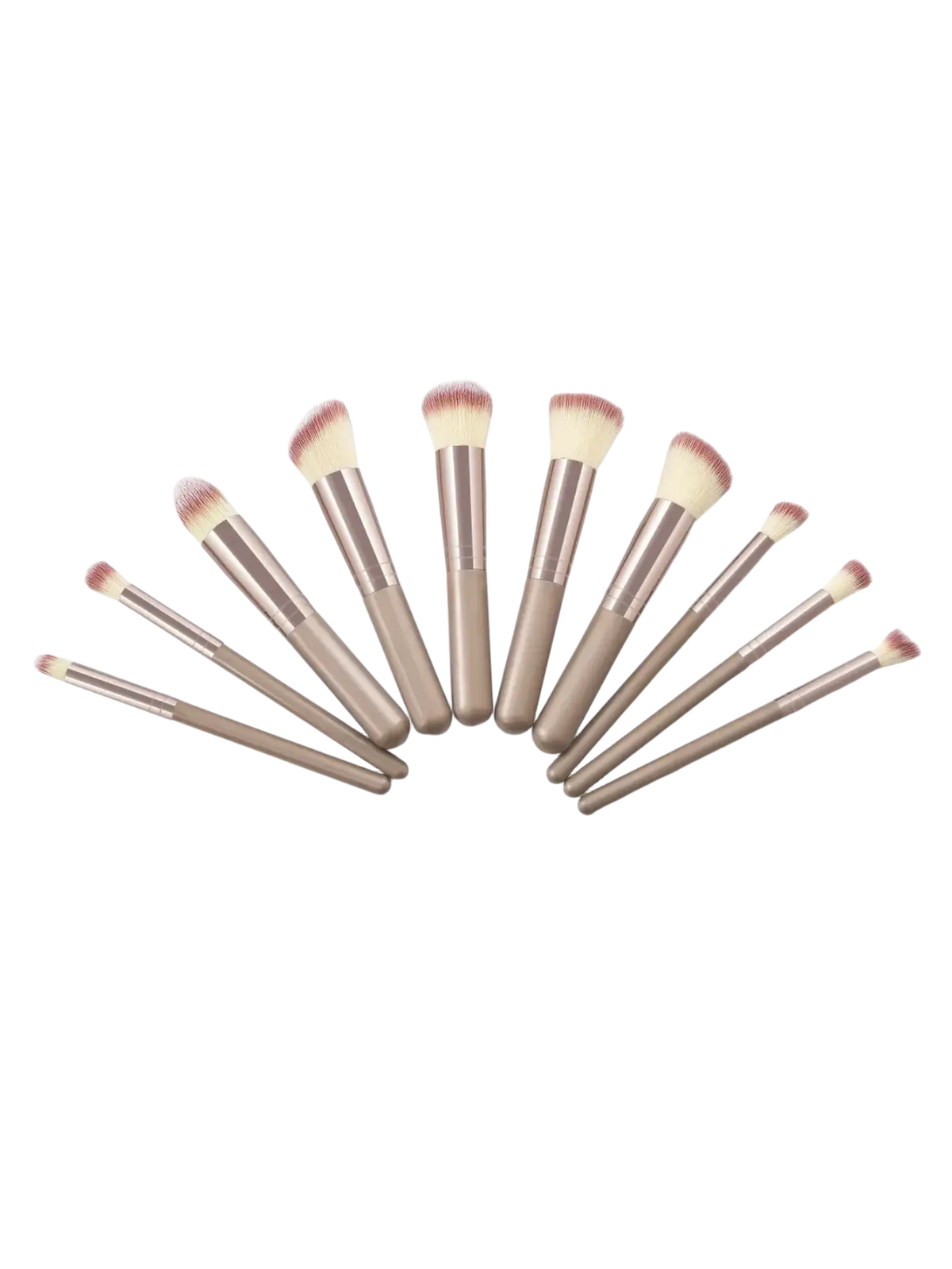 Set of ten professional makeup brushes with metallic rose gold handles and soft tapered bristles for beauty cosmetics tools