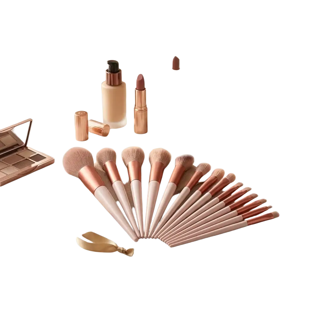 Makeup brushes set 13 pcs rose gold cosmetic brush with blush pink eye shadow brushes arranged on marble vanity