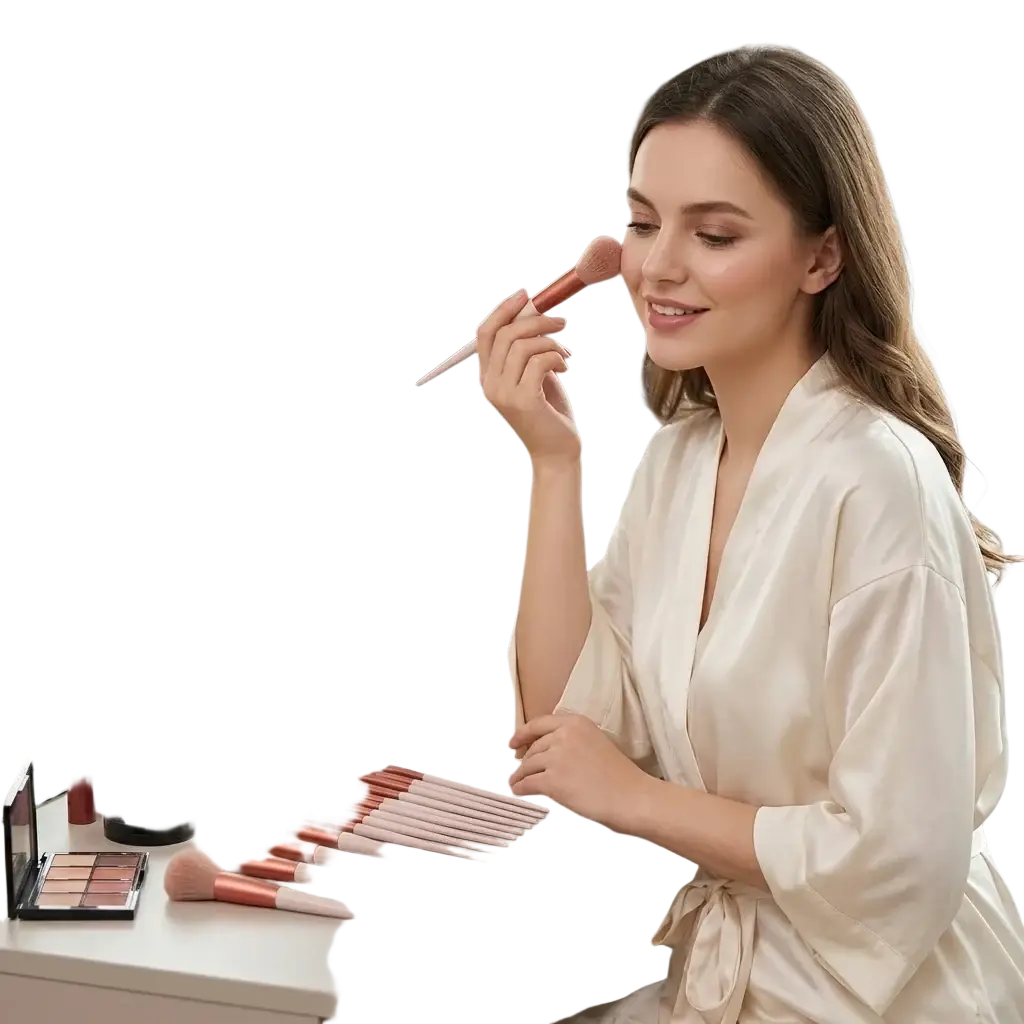 A set of 13 rose gold cosmetic makeup brushes with soft pink bristles for eye shadow and blush application on a vanity