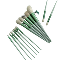 Set of twelve green and silver makeup brushes with soft tapered bristles for eye shadow and cosmetic brush use