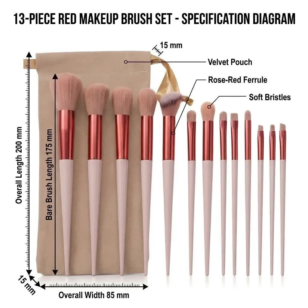 A 13-piece red makeup brushes set with rose-red ferrules and soft bristles in a beige velvet pouch for eye shadow and cosmetic brush use