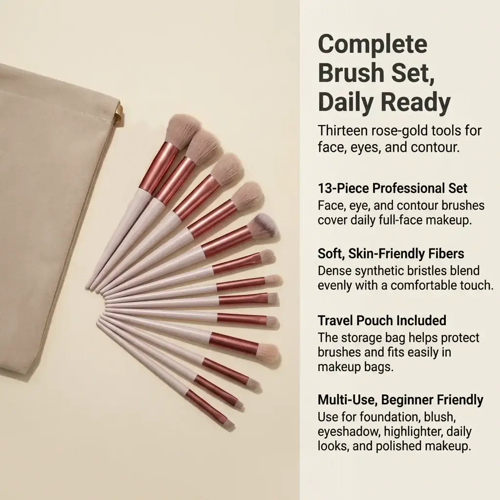 Thirteen rose gold and white makeup brushes set with dense synthetic bristles for eye shadow and contour application