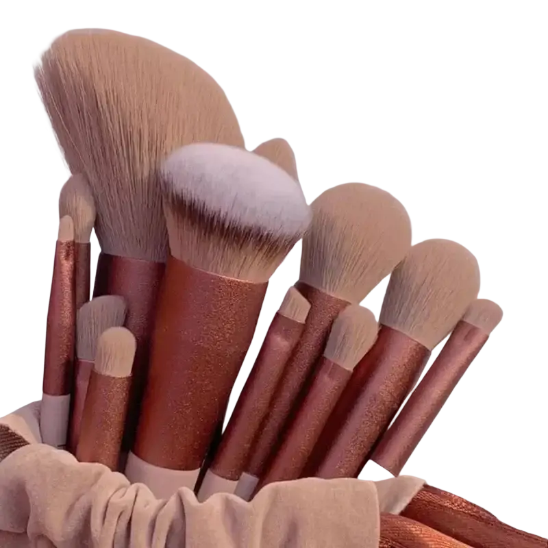 A 13pcs makeup brushes set with rose gold glitter handles and soft fluffy bristles for eye shadow and cosmetic use